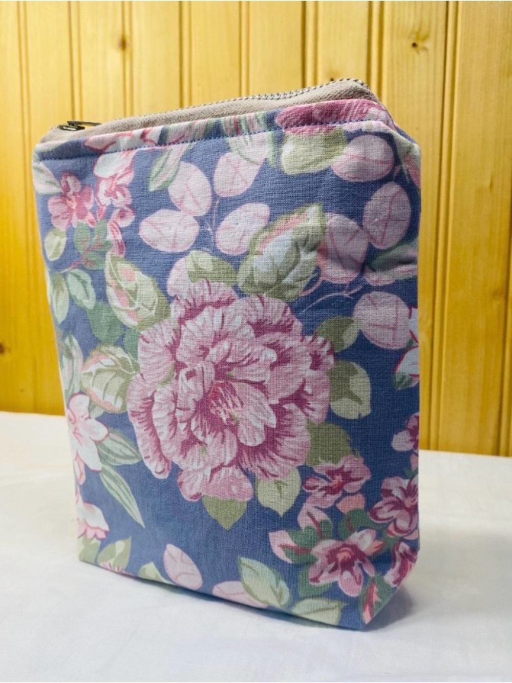 Laura Ashley Floral Canvas Zipper Pouch - Pink on Blue